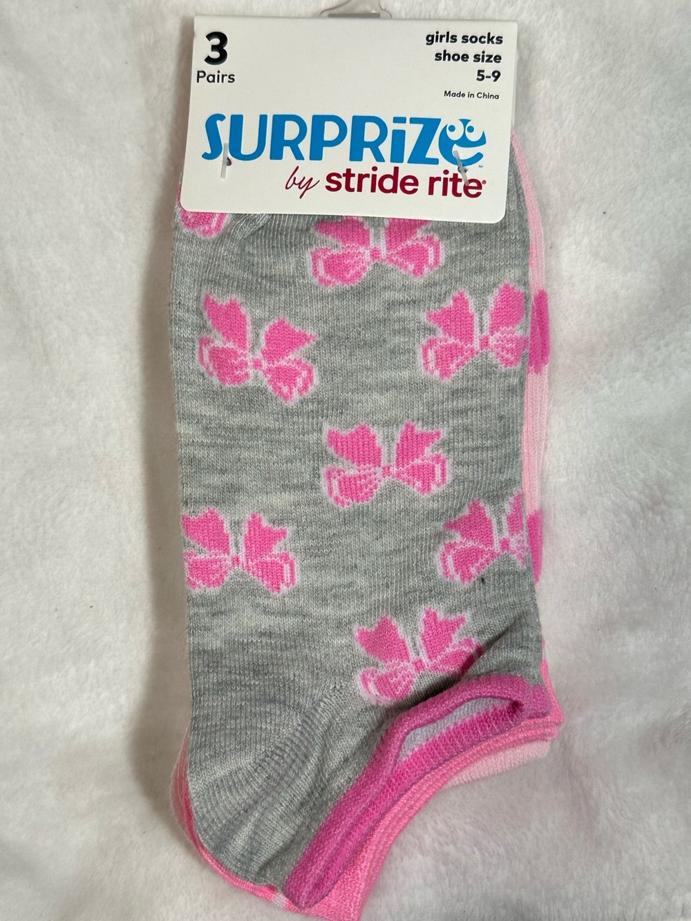 Stride Rite Surprize Girls Ankle Socks 3 Pairs Shoe Size 5-9 Pink Gray